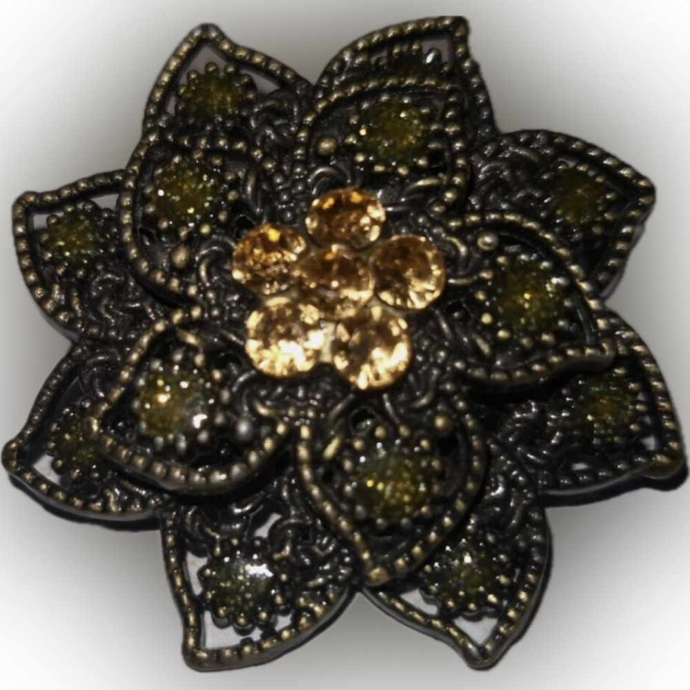 Vintage Flower Yellow/Orange Rhinestones Pin Brooch Pendant